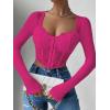 imageSHENHE Womens Lace Top Sheer Mesh Long Sleeve Asymmetrical Hem Sexy T Shirt Bustier Crop TopsHot Pink
