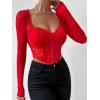 imageSHENHE Womens Lace Top Sheer Mesh Long Sleeve Asymmetrical Hem Sexy T Shirt Bustier Crop TopsRed
