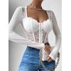 imageSHENHE Womens Lace Top Sheer Mesh Long Sleeve Asymmetrical Hem Sexy T Shirt Bustier Crop TopsWhite