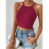 imageSHENHE Womens Lace Up Tie Back Sleeveless Crop Top Textured Sexy Fitted Halter TopMaroon