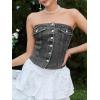 imageSHENHE Womens Strapless Button Up Shirred Raw Hem Sexy Fitted Crop Denim Tube TopLight Grey