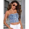 imageSHENHE Womens Strapless Button Up Shirred Raw Hem Sexy Fitted Crop Denim Tube TopLight Wash