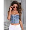 imageSHENHE Womens Strapless Button Up Shirred Raw Hem Sexy Fitted Crop Denim Tube TopLight Wash