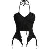 imageSHENHE Womens Halter Neck Ruched Drawstring Lettuce Trim Asymmetrical Cute Crop TopBlack