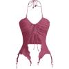 imageSHENHE Womens Halter Neck Ruched Drawstring Lettuce Trim Asymmetrical Cute Crop TopHot Pink