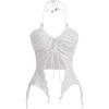 imageSHENHE Womens Halter Neck Ruched Drawstring Lettuce Trim Asymmetrical Cute Crop TopWhite