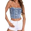 imageSHENHE Womens Strapless Button Up Shirred Raw Hem Sexy Fitted Crop Denim Tube TopLight Wash