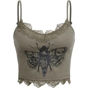 imageSHENHE Womens Butterfly Skull Print Contrast Lace Spaghetti Strap Sleeveless Cami Tank Crop TopsArmy Green