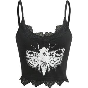 imageSHENHE Womens Butterfly Skull Print Contrast Lace Spaghetti Strap Sleeveless Cami Tank Crop TopsBlack and White