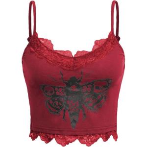 imageSHENHE Womens Butterfly Skull Print Contrast Lace Spaghetti Strap Sleeveless Cami Tank Crop TopsBurgundy