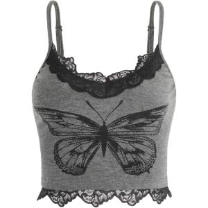 imageSHENHE Womens Butterfly Skull Print Contrast Lace Spaghetti Strap Sleeveless Cami Tank Crop TopsButterfly Grey
