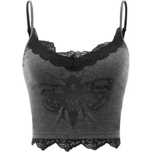 imageSHENHE Womens Butterfly Skull Print Contrast Lace Spaghetti Strap Sleeveless Cami Tank Crop TopsGrey