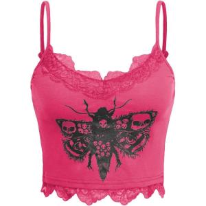 imageSHENHE Womens Butterfly Skull Print Contrast Lace Spaghetti Strap Sleeveless Cami Tank Crop TopsHot Pink