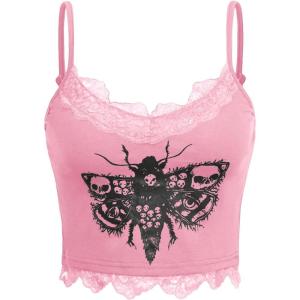 imageSHENHE Womens Butterfly Skull Print Contrast Lace Spaghetti Strap Sleeveless Cami Tank Crop TopsLight Pink