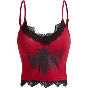 imageSHENHE Womens Butterfly Skull Print Contrast Lace Spaghetti Strap Sleeveless Cami Tank Crop TopsRed Skull