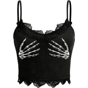 imageSHENHE Womens Butterfly Skull Print Contrast Lace Spaghetti Strap Sleeveless Cami Tank Crop TopsSkeleton Hand Black