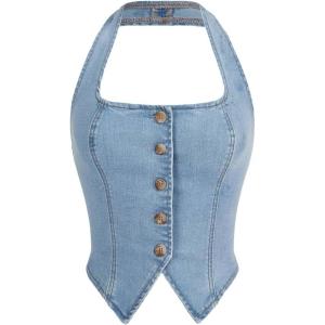 imageSHENHE Womens Denim Tops Y2K Halter Button Up Strapless Jean Vest Western Going Out Crop TopLight Wash