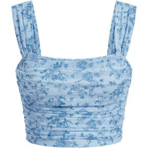 imageSHENHE Womens Floral Wide Strap Ruched Square Neck Cute Fitted Boho Crop Tank TopBlue