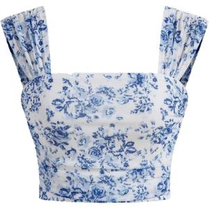 imageSHENHE Womens Floral Wide Strap Ruched Square Neck Cute Fitted Boho Crop Tank TopMulticolor