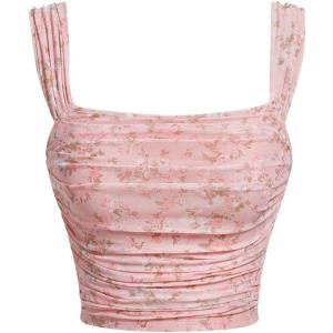 imageSHENHE Womens Floral Wide Strap Ruched Square Neck Cute Fitted Boho Crop Tank TopPink