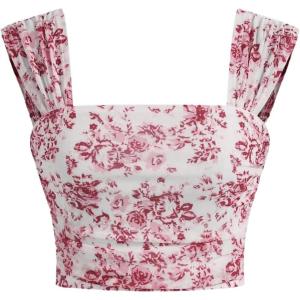 imageSHENHE Womens Floral Wide Strap Ruched Square Neck Cute Fitted Boho Crop Tank TopRed