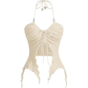 imageSHENHE Womens Halter Neck Ruched Drawstring Lettuce Trim Asymmetrical Cute Crop TopApricot