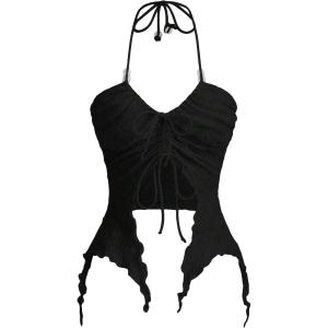 imageSHENHE Womens Halter Neck Ruched Drawstring Lettuce Trim Asymmetrical Cute Crop TopBlack