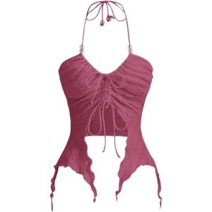 imageSHENHE Womens Halter Neck Ruched Drawstring Lettuce Trim Asymmetrical Cute Crop TopHot Pink