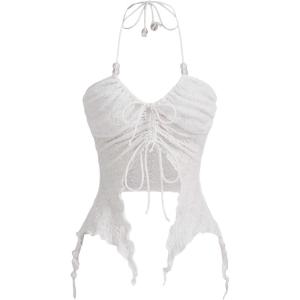 imageSHENHE Womens Halter Neck Ruched Drawstring Lettuce Trim Asymmetrical Cute Crop TopWhite