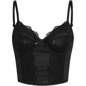 imageSHENHE Womens Kawaii Contrast Lace Cami Top Spaghetti Strap Sleeveless Cami Tank Crop TopsBlack
