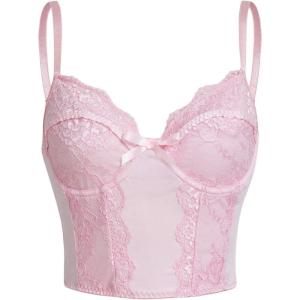imageSHENHE Womens Kawaii Contrast Lace Cami Top Spaghetti Strap Sleeveless Cami Tank Crop TopsBow Front Pink