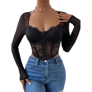 imageSHENHE Womens Lace Top Sheer Mesh Long Sleeve Asymmetrical Hem Sexy T Shirt Bustier Crop TopsBlack