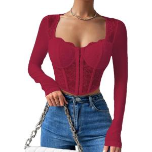 imageSHENHE Womens Lace Top Sheer Mesh Long Sleeve Asymmetrical Hem Sexy T Shirt Bustier Crop TopsBurgundy