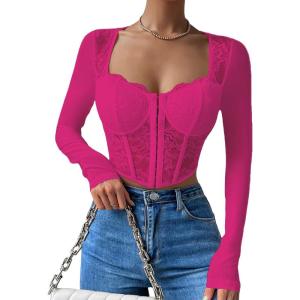 imageSHENHE Womens Lace Top Sheer Mesh Long Sleeve Asymmetrical Hem Sexy T Shirt Bustier Crop TopsHot Pink
