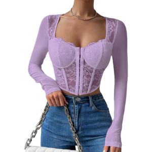 imageSHENHE Womens Lace Top Sheer Mesh Long Sleeve Asymmetrical Hem Sexy T Shirt Bustier Crop TopsLilac Purple