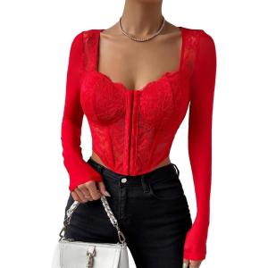 imageSHENHE Womens Lace Top Sheer Mesh Long Sleeve Asymmetrical Hem Sexy T Shirt Bustier Crop TopsRed