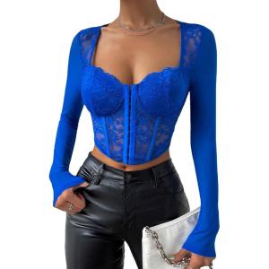 imageSHENHE Womens Lace Top Sheer Mesh Long Sleeve Asymmetrical Hem Sexy T Shirt Bustier Crop TopsRoyal Blue