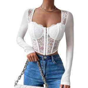 imageSHENHE Womens Lace Top Sheer Mesh Long Sleeve Asymmetrical Hem Sexy T Shirt Bustier Crop TopsWhite