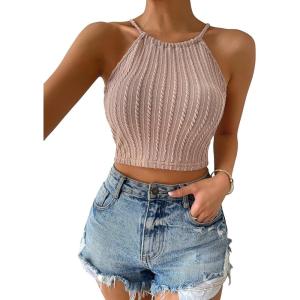 imageSHENHE Womens Lace Up Tie Back Sleeveless Crop Top Textured Sexy Fitted Halter TopApricot