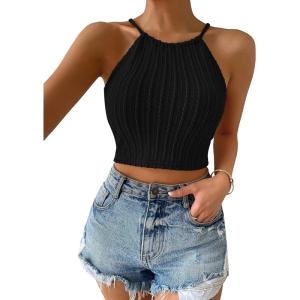imageSHENHE Womens Lace Up Tie Back Sleeveless Crop Top Textured Sexy Fitted Halter TopBlack
