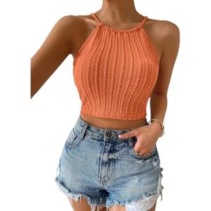 imageSHENHE Womens Lace Up Tie Back Sleeveless Crop Top Textured Sexy Fitted Halter TopCoral Orange