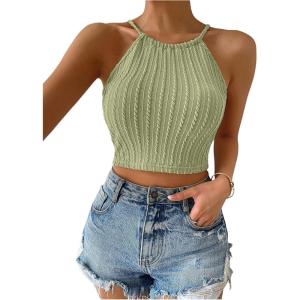 imageSHENHE Womens Lace Up Tie Back Sleeveless Crop Top Textured Sexy Fitted Halter TopGreen