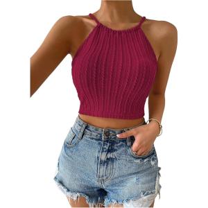 imageSHENHE Womens Lace Up Tie Back Sleeveless Crop Top Textured Sexy Fitted Halter TopMaroon