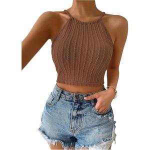 imageSHENHE Womens Lace Up Tie Back Sleeveless Crop Top Textured Sexy Fitted Halter TopRust Brown