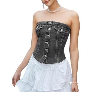 imageSHENHE Womens Strapless Button Up Shirred Raw Hem Sexy Fitted Crop Denim Tube TopLight Grey