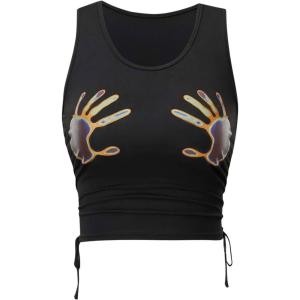 imageSHENHE Womens Summer Ruched Sleeveless Hands Print Crewneck Drawstring Tank Crop TopsBlack