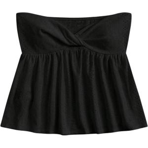 imageSHENHE Womens Twist Front Eyelet Embroidery Ruffle Hem Tube Top Boho Bandeau TopBlack