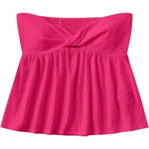 imageSHENHE Womens Twist Front Eyelet Embroidery Ruffle Hem Tube Top Boho Bandeau TopHot Pink