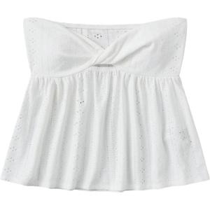 imageSHENHE Womens Twist Front Eyelet Embroidery Ruffle Hem Tube Top Boho Bandeau TopWhite
