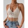 imageSHENHE Womens Crochet Push Up Bikini Tops Sleeveless Tassel Trim Halter Cami Tank Crop TopsApricot